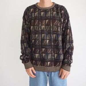 VTG TSR Textured Knit Sweater Brown Multi Retro Geometric Eclectic Grandpa XL